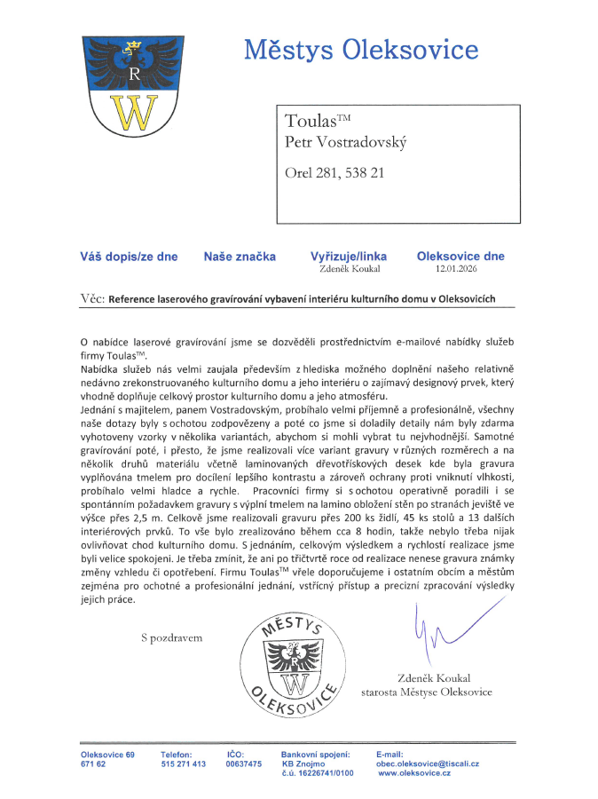 Reference Oleksovice gravírování